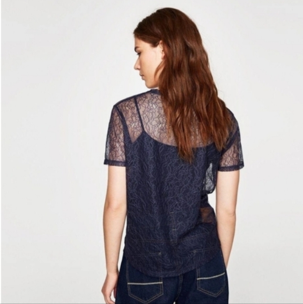 Zara Sheer Embroidered Floral Lace Top Navy Blue - Picture 5 of 8